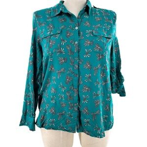 Jaclyn Smith womens top size XL teal floral 100% cotton button down